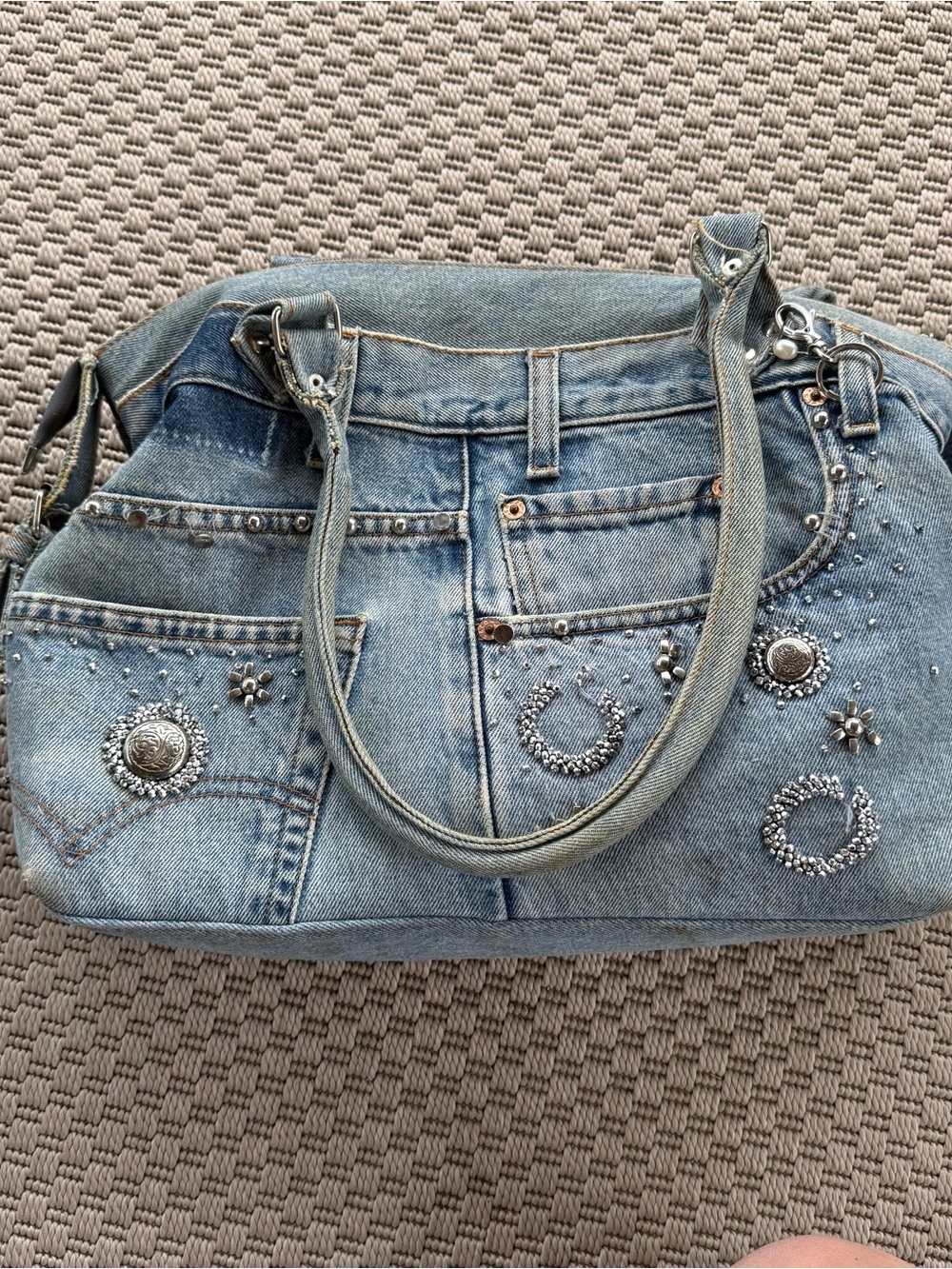 Vintage Hand and Heart Walnut CA repurposed denim jeans bag